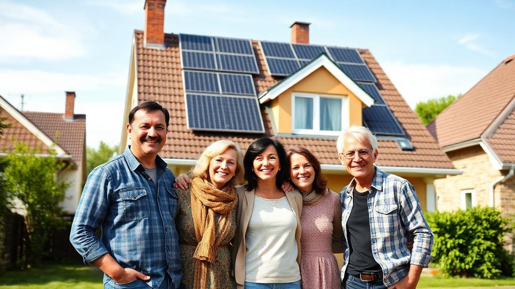 Familie vor Haus mit Solaranlage